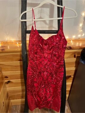 Red Sequin Embellished Spaghetti Strap Dress
